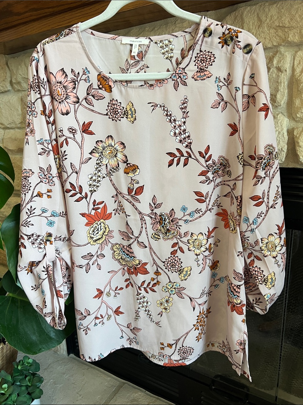 Maurices Blush Floral Button-Tab Sleeve Blouse